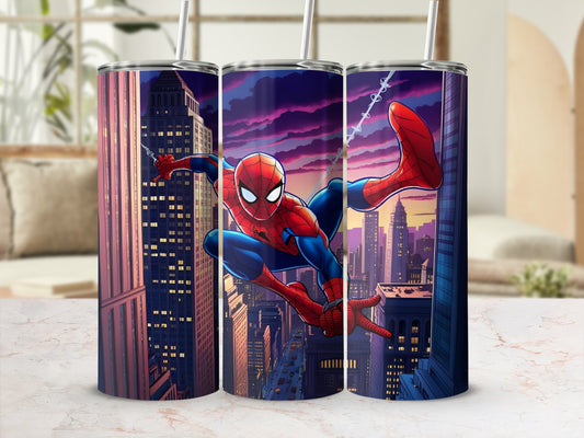 Spider-Man in a dynamic pose against a cityscape backdrop.