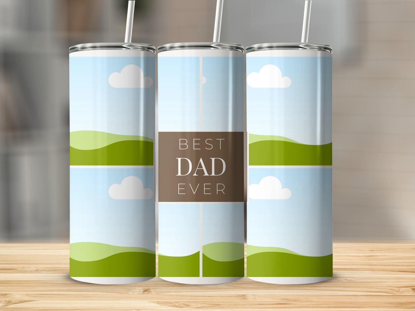 Three tumblers with a landscape design and "BEST DAD EVER" text.