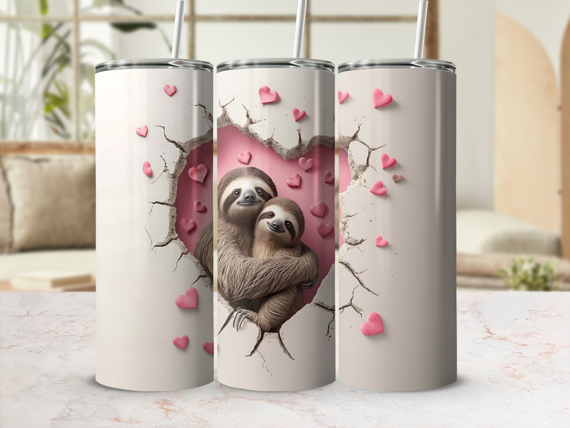 Two sloths embrace within a cracked heart on a pink and white patterned tumbler.