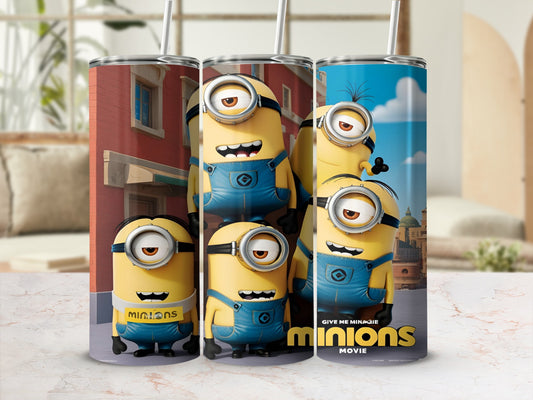 Minions characters in overalls with a "Minions" movie poster in the background.