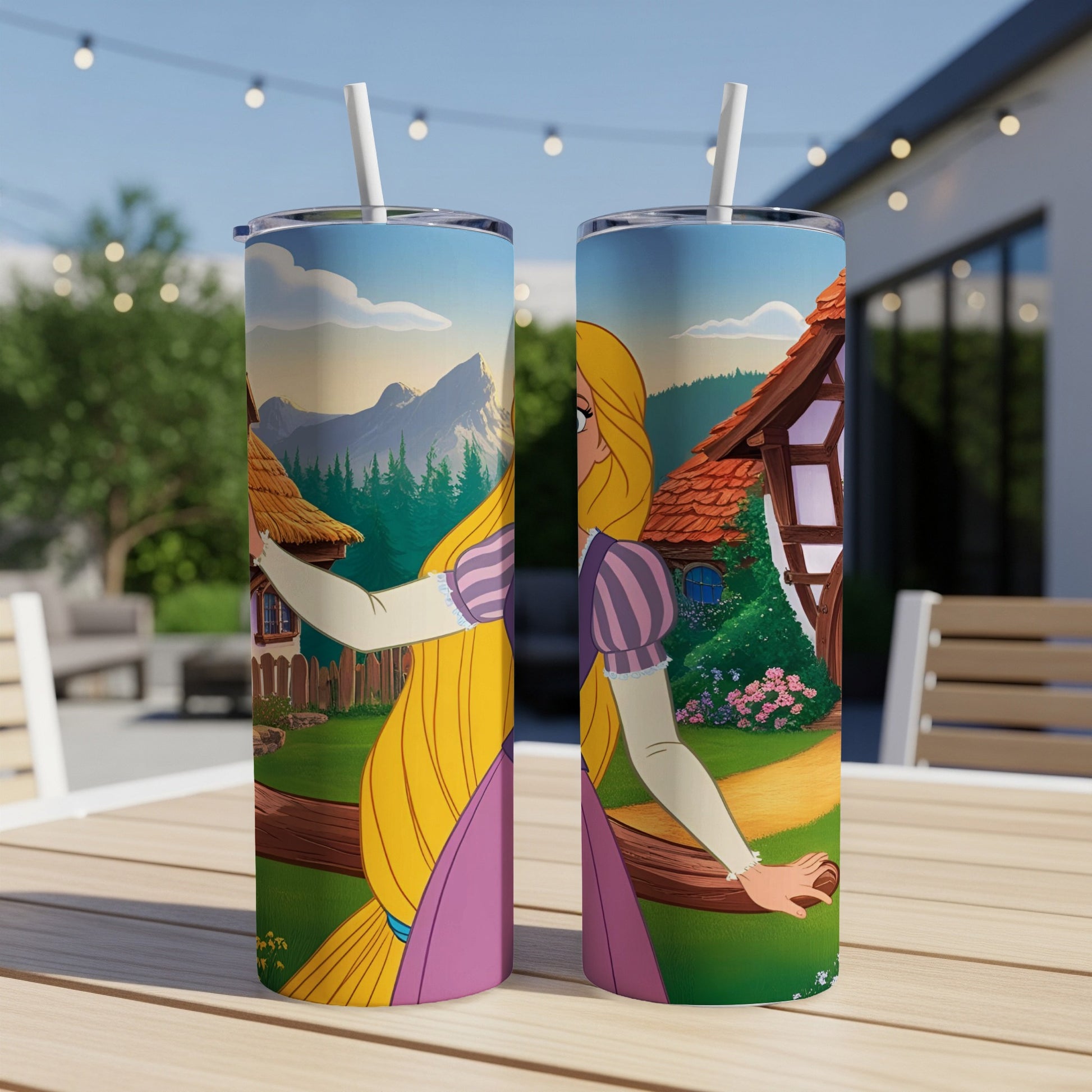 Rapunzel and Pascal on a castle-themed tumbler with straw.