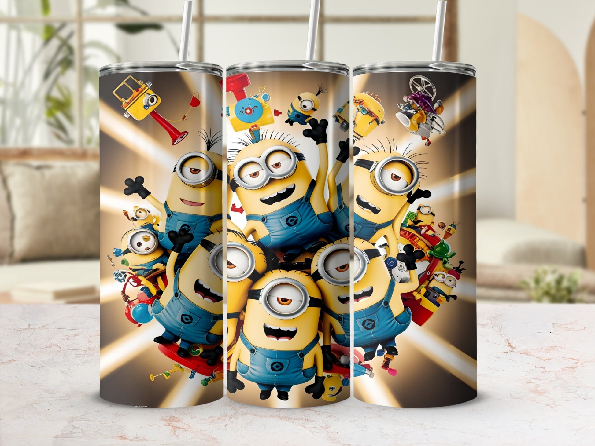 Minions character montage on a cylindrical tumbler.