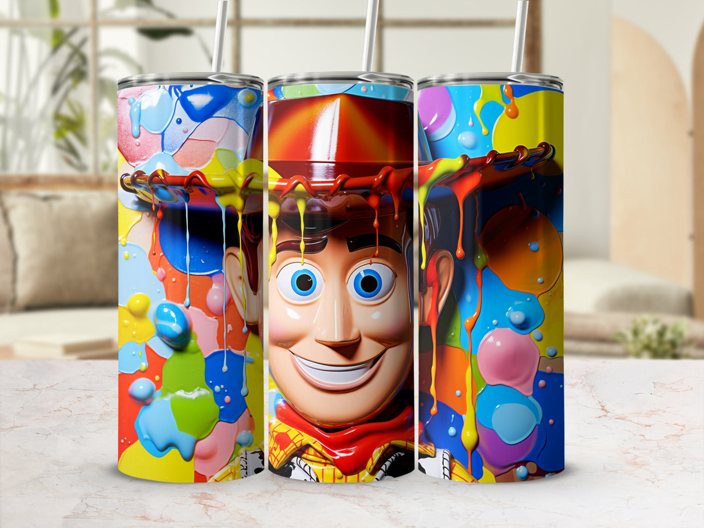 Colorful Character Art Tumblers with Dripping Paint Design