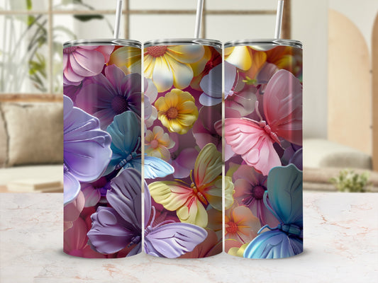 Three tumblers with butterflies and floral designs, shown in a product listing mockup.