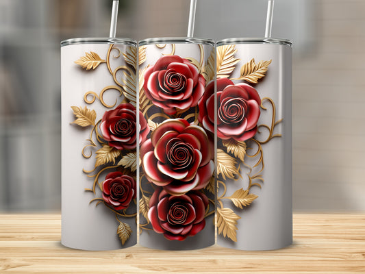 Three tall tumblers with red roses and gold leaf design.