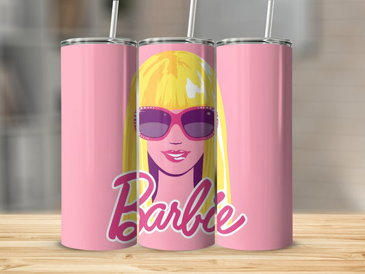 Pink Barbie tumbler with blonde hair, sunglasses, and signature logo.