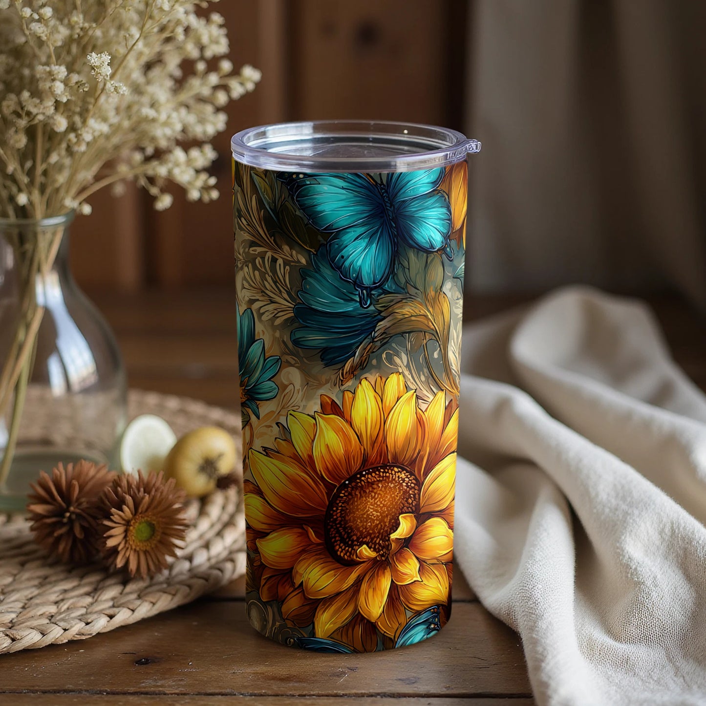 Colorful Floral Sunflower and Butterfly Tumbler