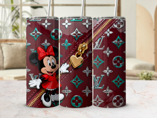 Minnie Mouse on a burgundy tumbler with LV pattern and gold zipper.