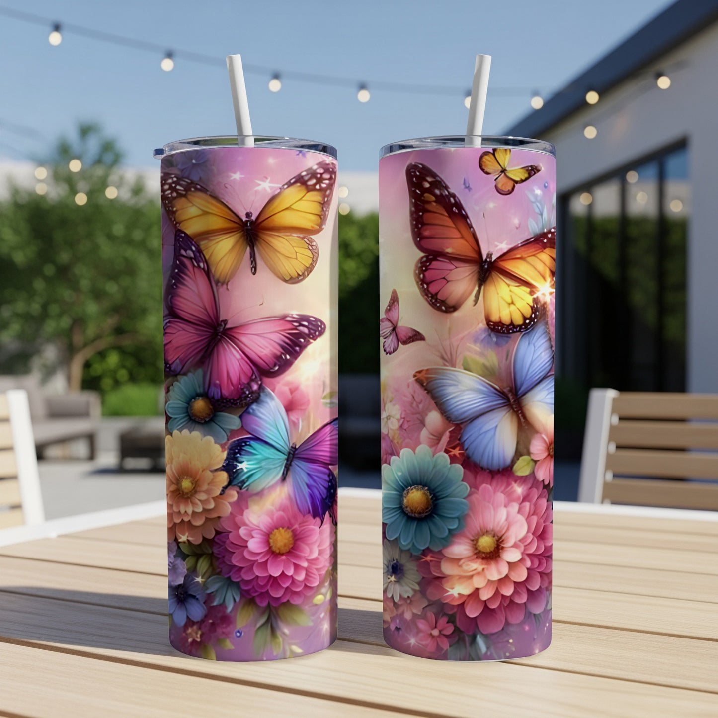 Two tumblers adorned with colorful butterflies and floral designs on a wooden table.