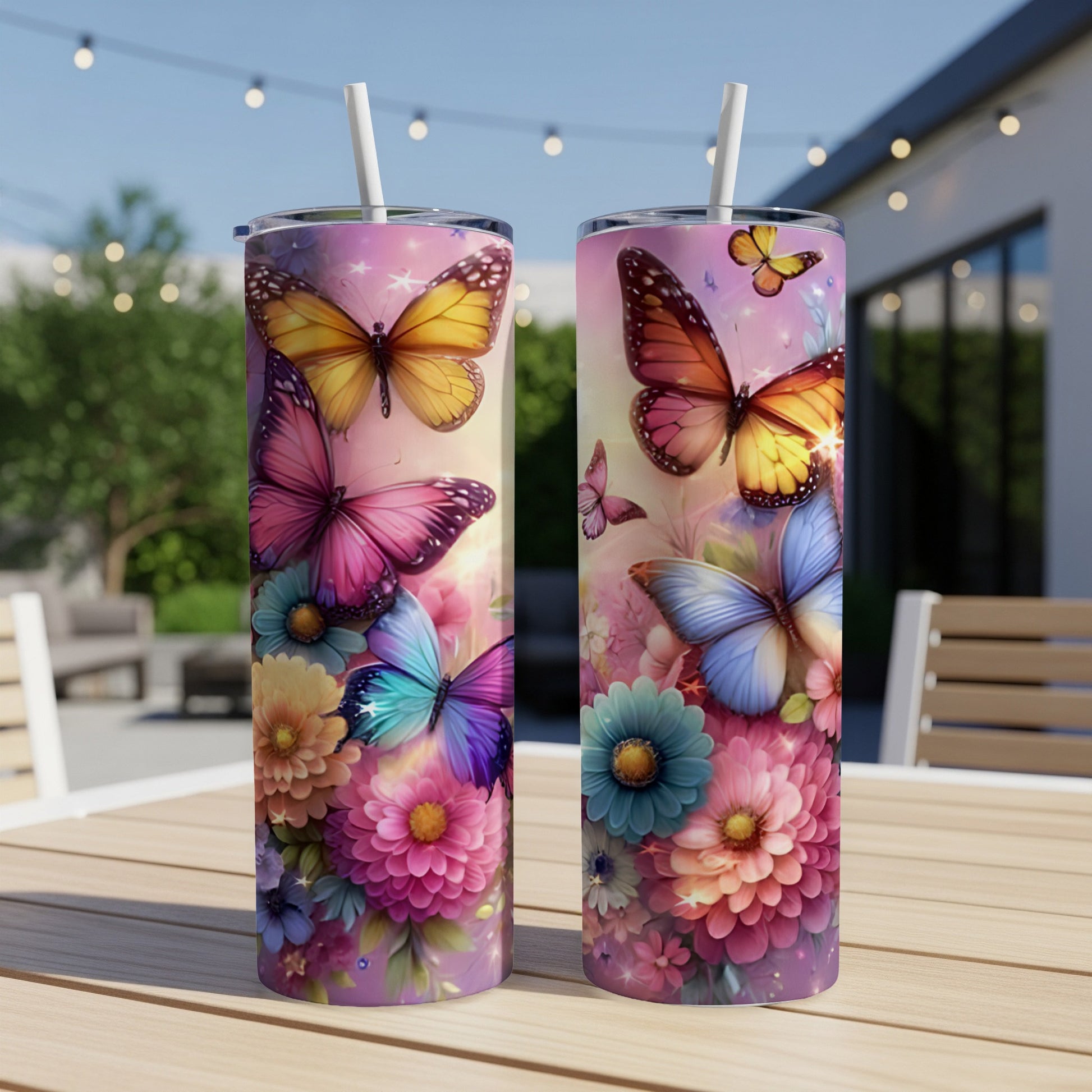 Two tumblers adorned with colorful butterflies and floral designs on a wooden table.