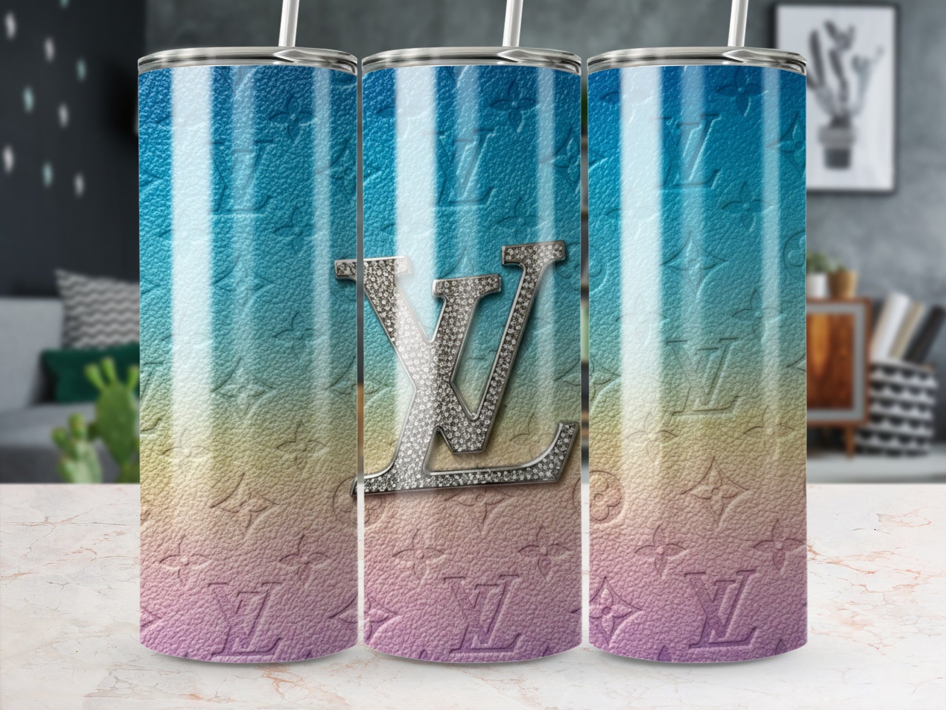 Ombré Gradient Louis Vuitton Tumbler with Rhinestone LV