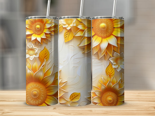 Three tall tumblers featuring embossed sunflowers and leaves.