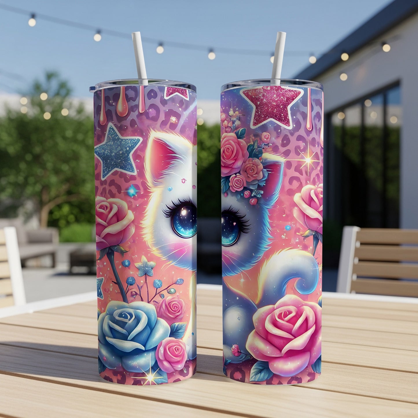 Two tumblers featuring a cartoon cat with large blue eyes surrounded by roses and stars.