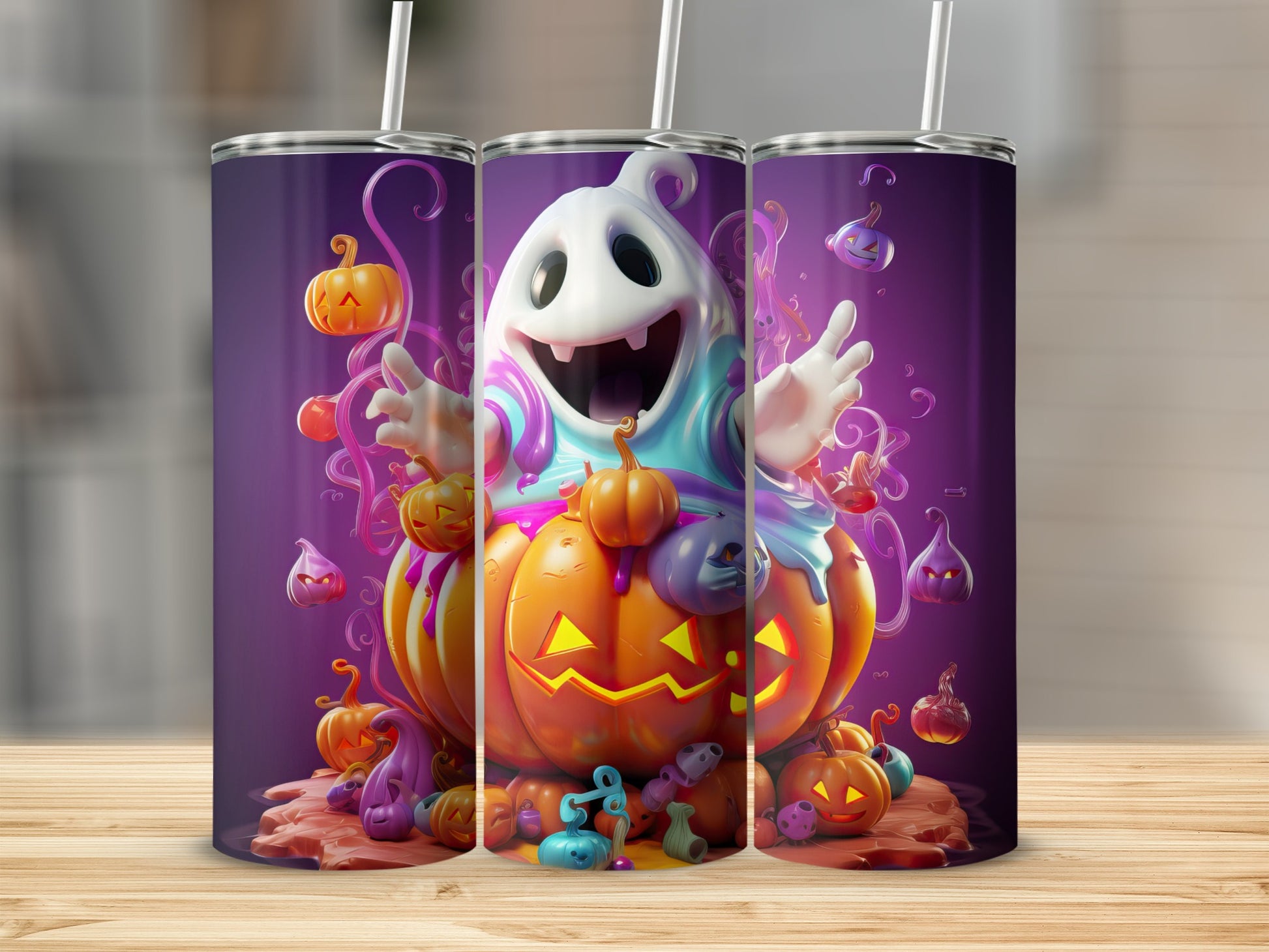 Halloween tumbler with ghost, pumpkins, and spooky characters on purple background.