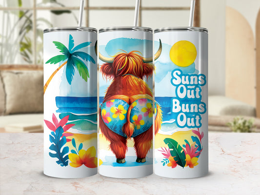 Highland cow wearing floral bikini bottoms on beach with text "Suns Out Buns Out".
