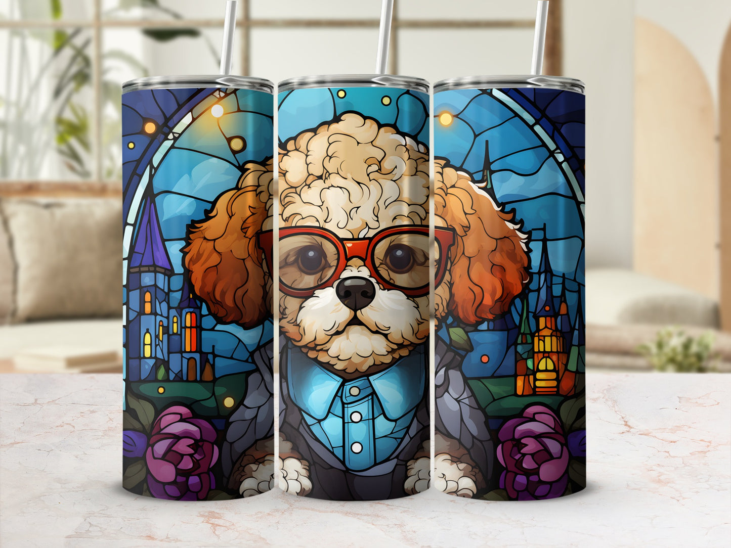 Tumbler with stained glass art of a dog wearing glasses and a suit.