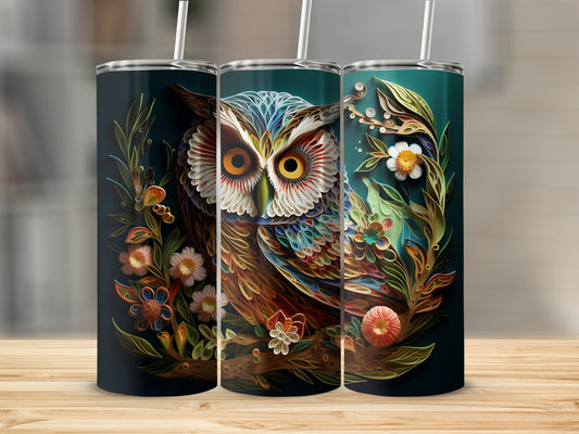 Three tumblers featuring a colorful owl surrounded by flowers and leaves.