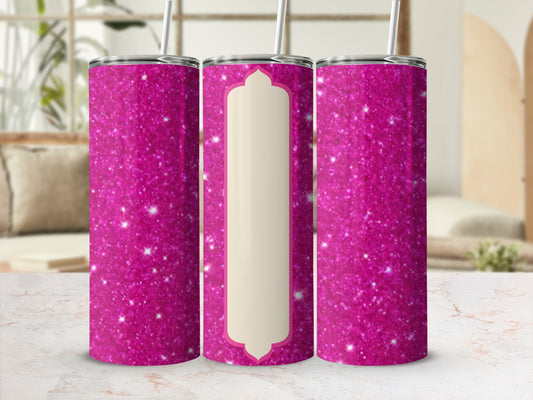 Glitter pink tumbler with blank cream center panel.
