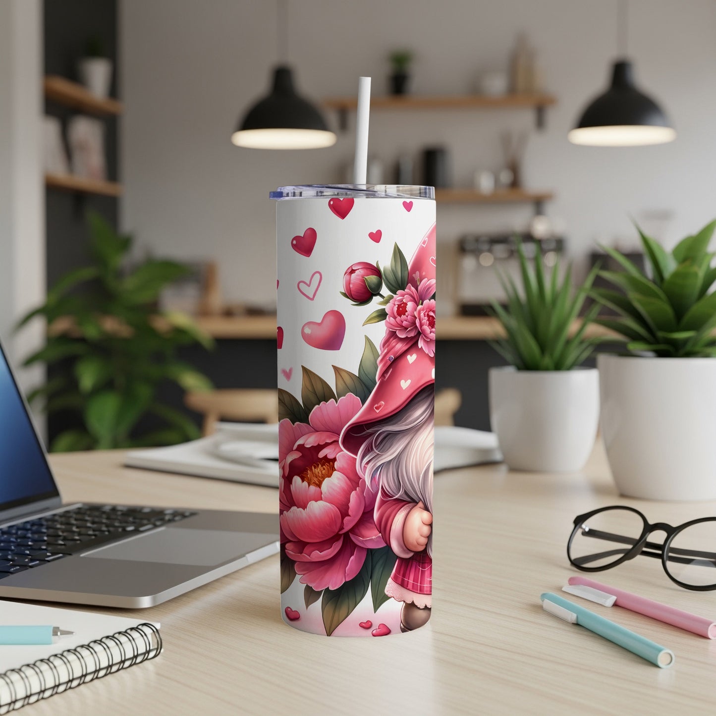 Valentine's Day gnome with hearts and peonies on a skinny tumbler.