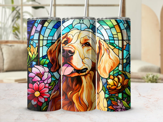 Stained glass tumbler with golden retriever and floral designs.