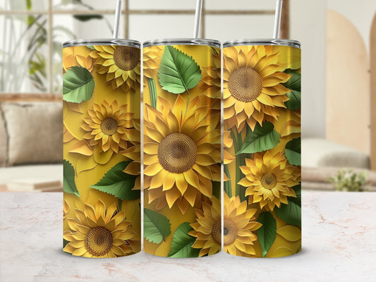 Three tall tumblers with a repeating sunflower and leaf pattern.