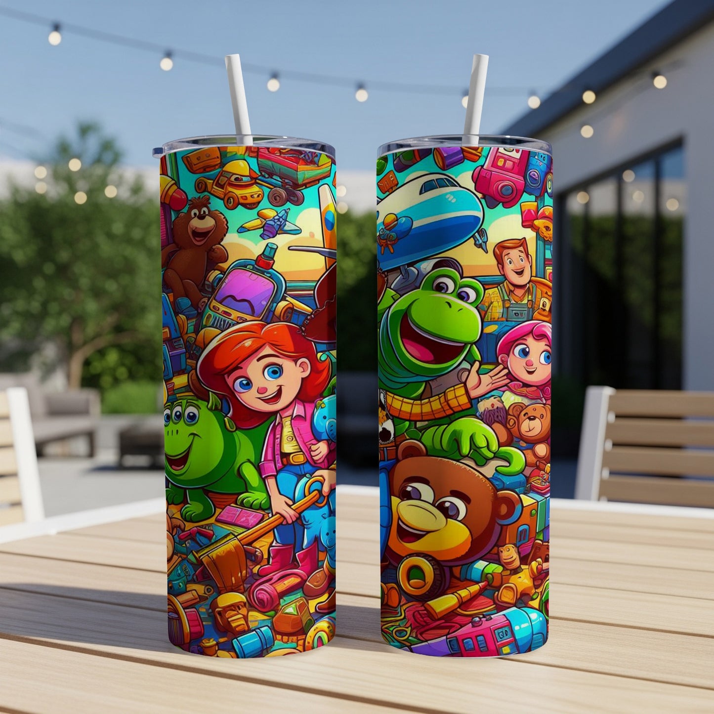 Two colorful tumblers with cartoon toys, including bears, frogs, and airplanes.