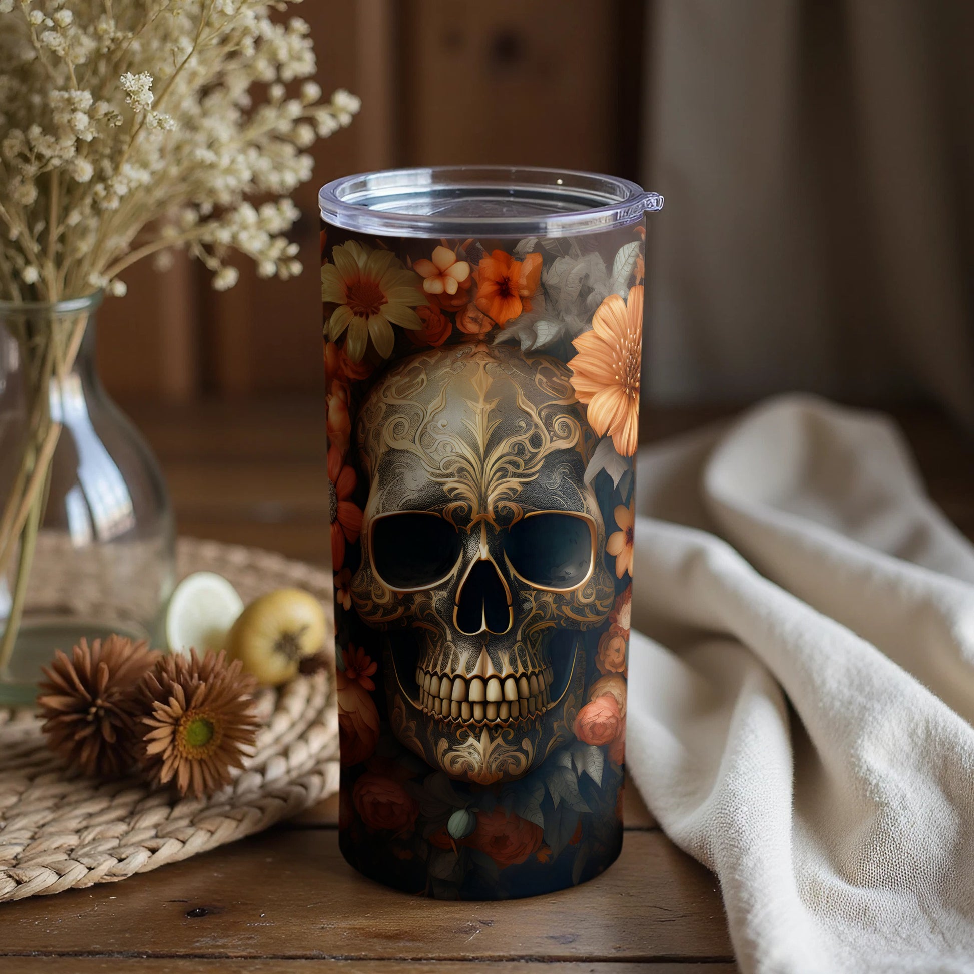 Floral Skull Design Tumbler for an Eye-catching Look