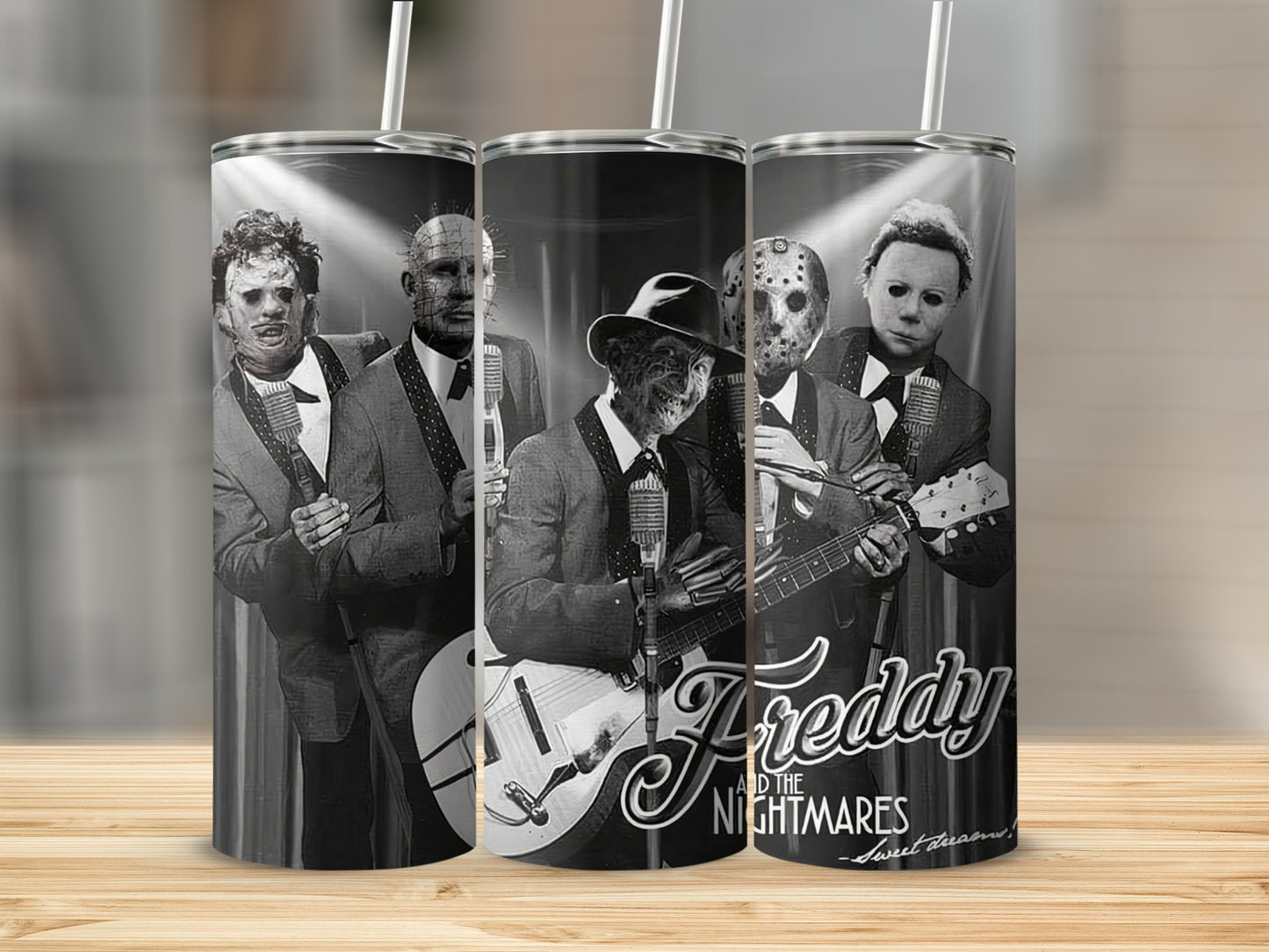 Freddy Krueger and the Nightmares band with horror movie villains on a tumbler.