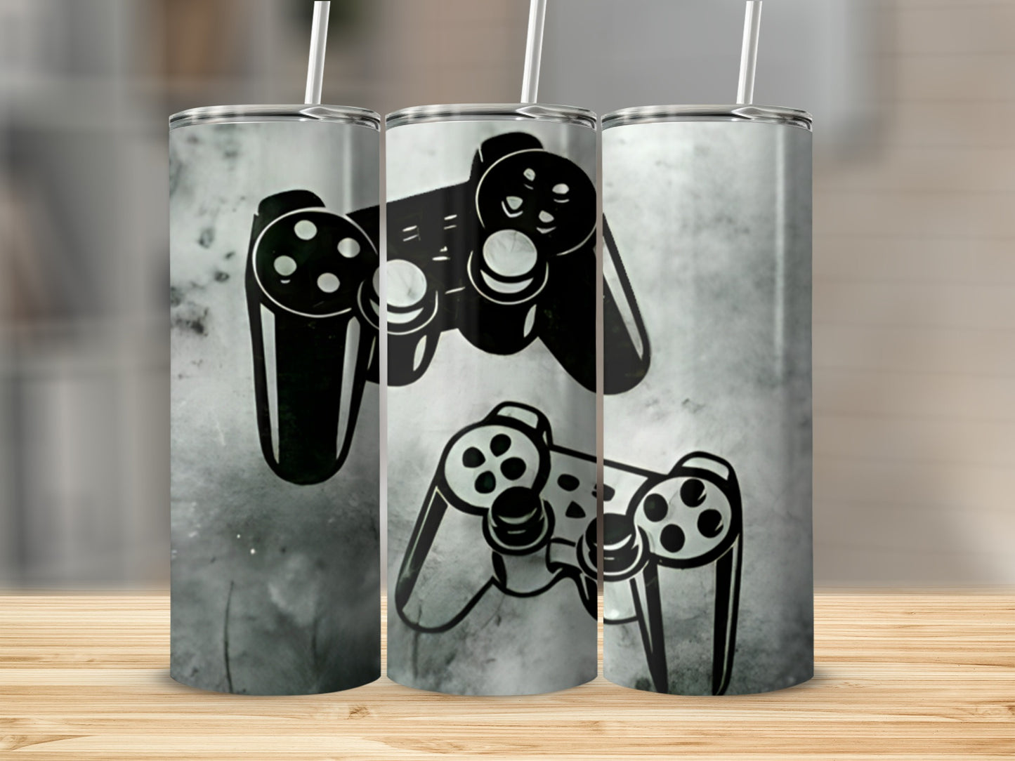 Two black video game controllers with a grunge-style background.