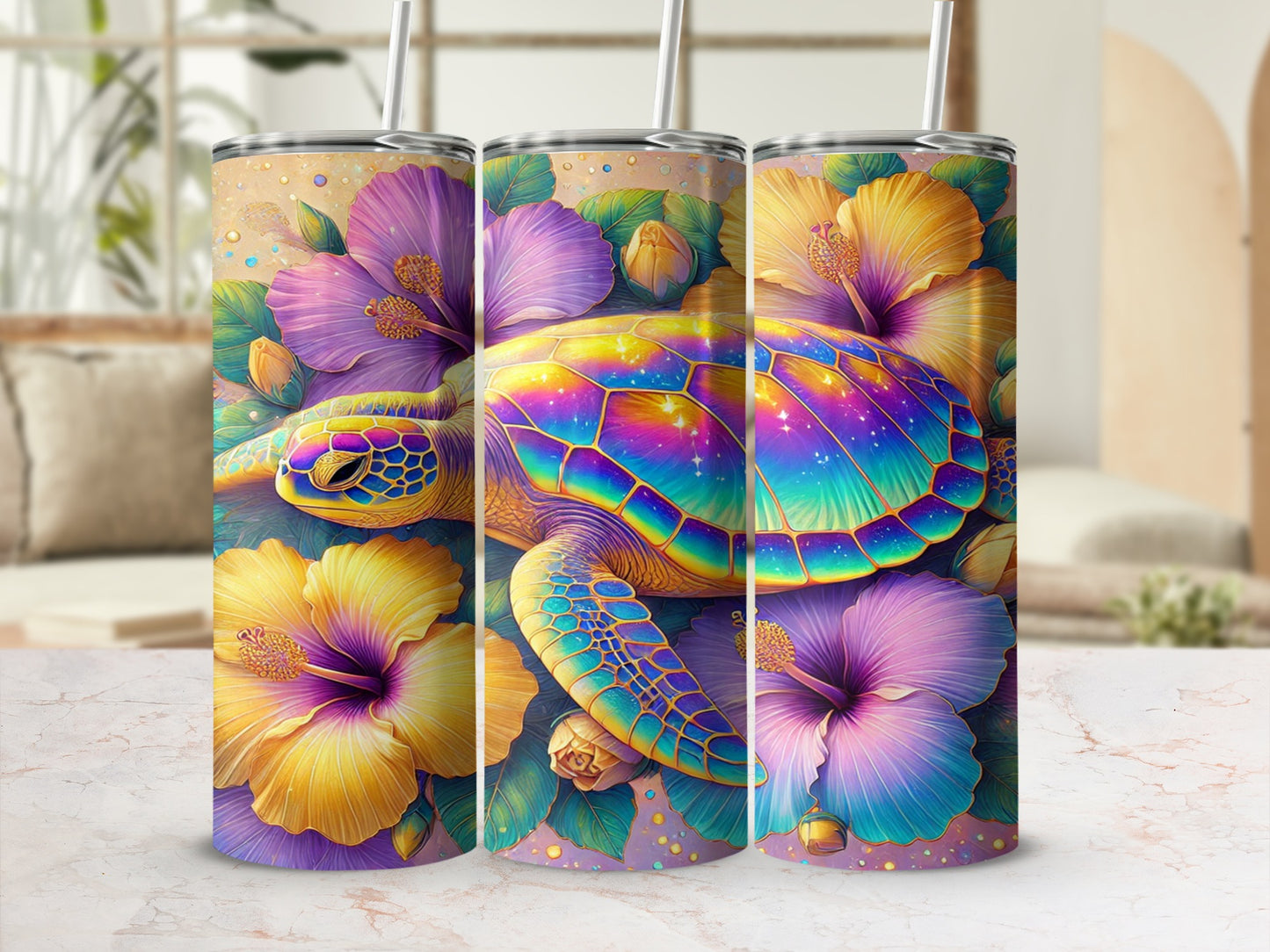 Vibrant Sea Turtle Floral Tumbler Design for Beach Lovers