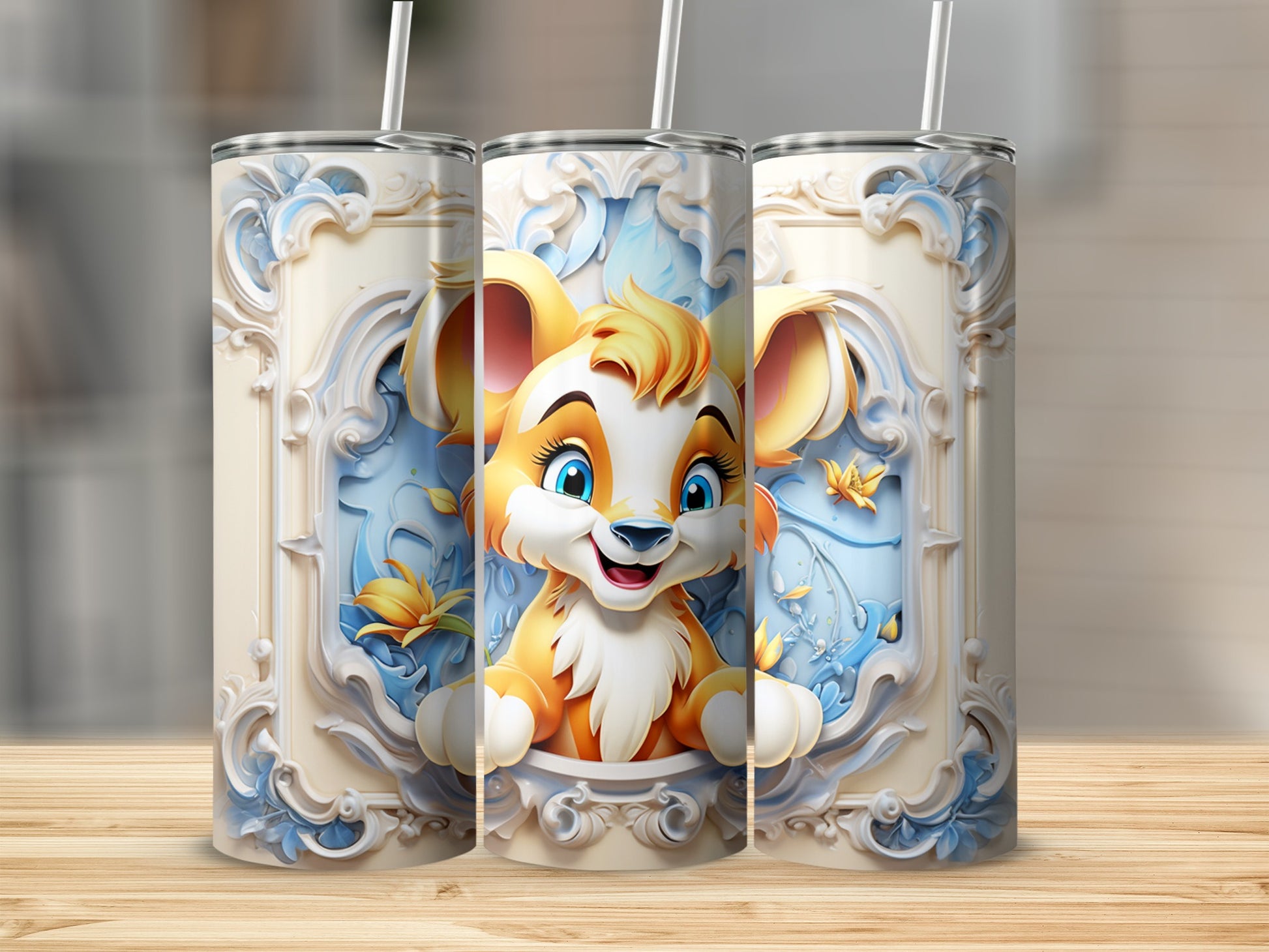 Adorable Cartoon Lion Decorated Insulated Drink Tumbler