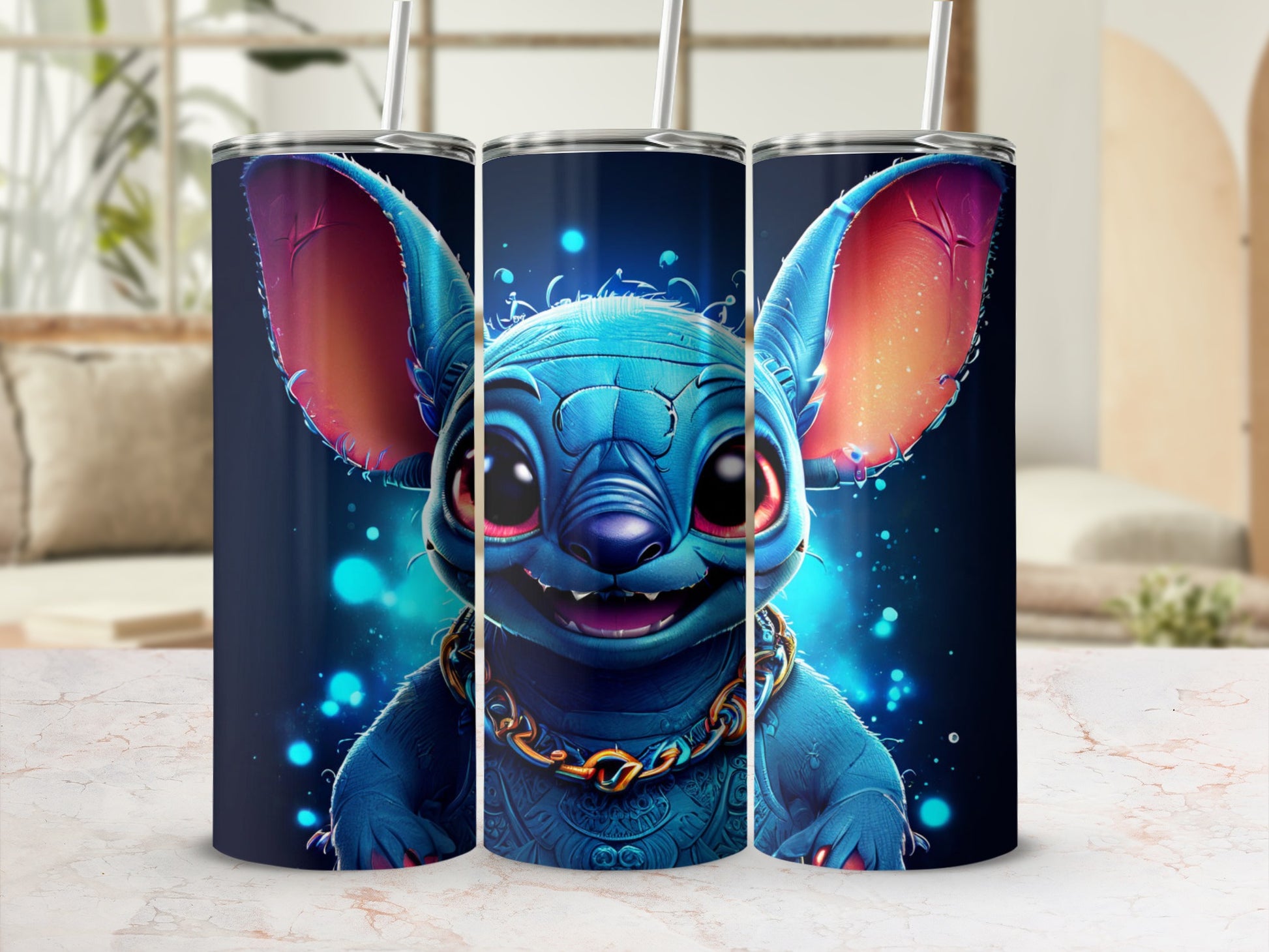 Blue cartoon alien Stitch with big ears and a gold chain, on a dark background.