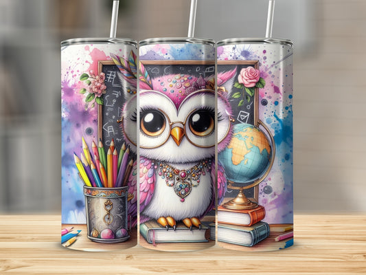 Whimsical owl teacher on books with globe and colorful pencils.