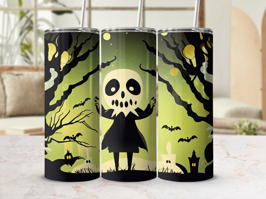 Three tumblers featuring a cartoon skeleton character and Halloween elements on a green gradient.