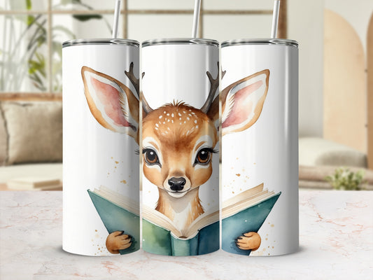 Deer reading a book, featured on three tumblers.