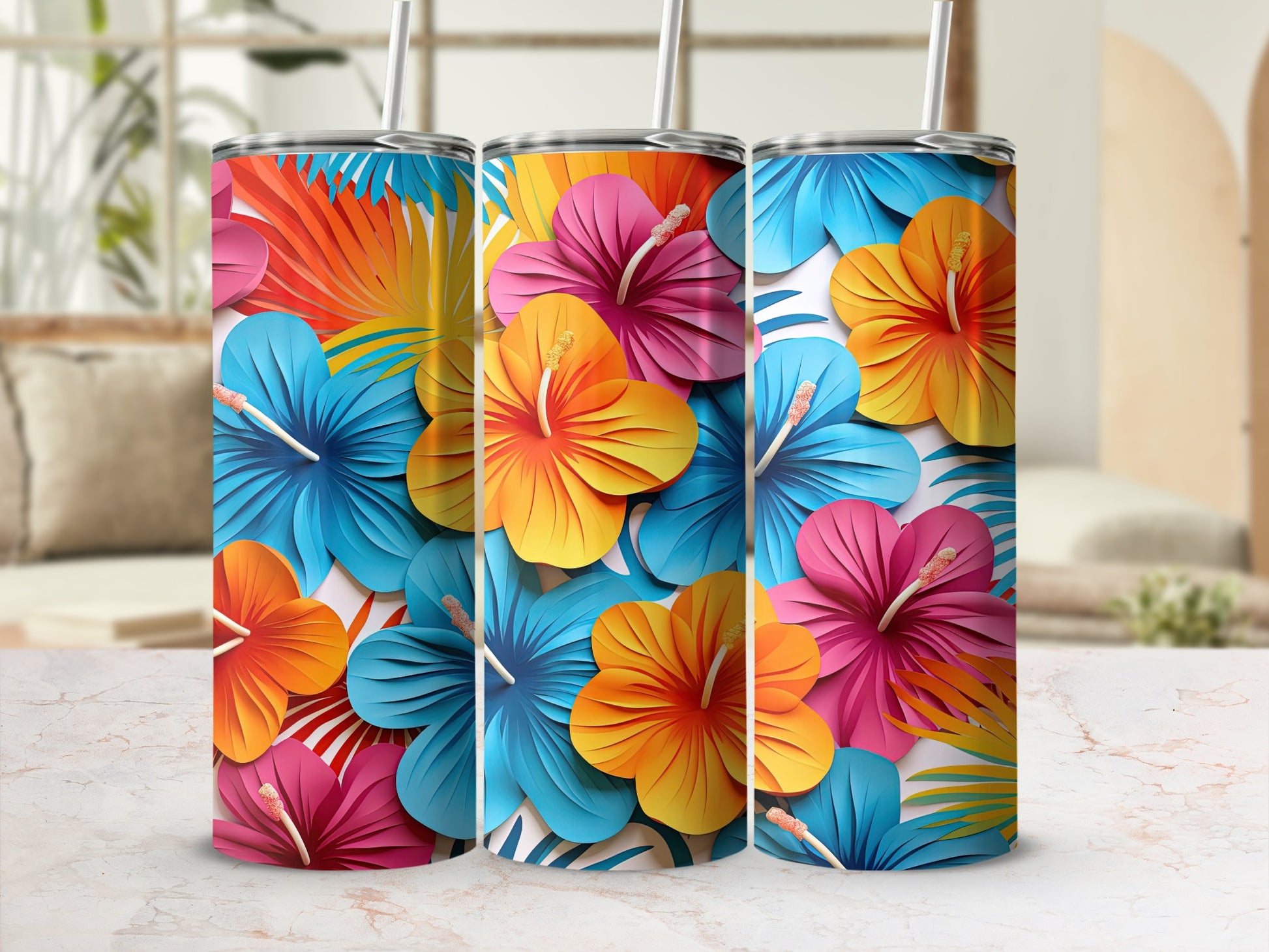 Vibrant Tropical Hibiscus Pattern Insulated Tumbler