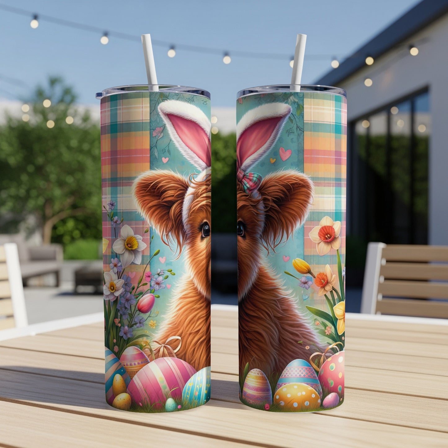 Two tumblers with a fluffy brown dog wearing bunny ears and Easter eggs.
