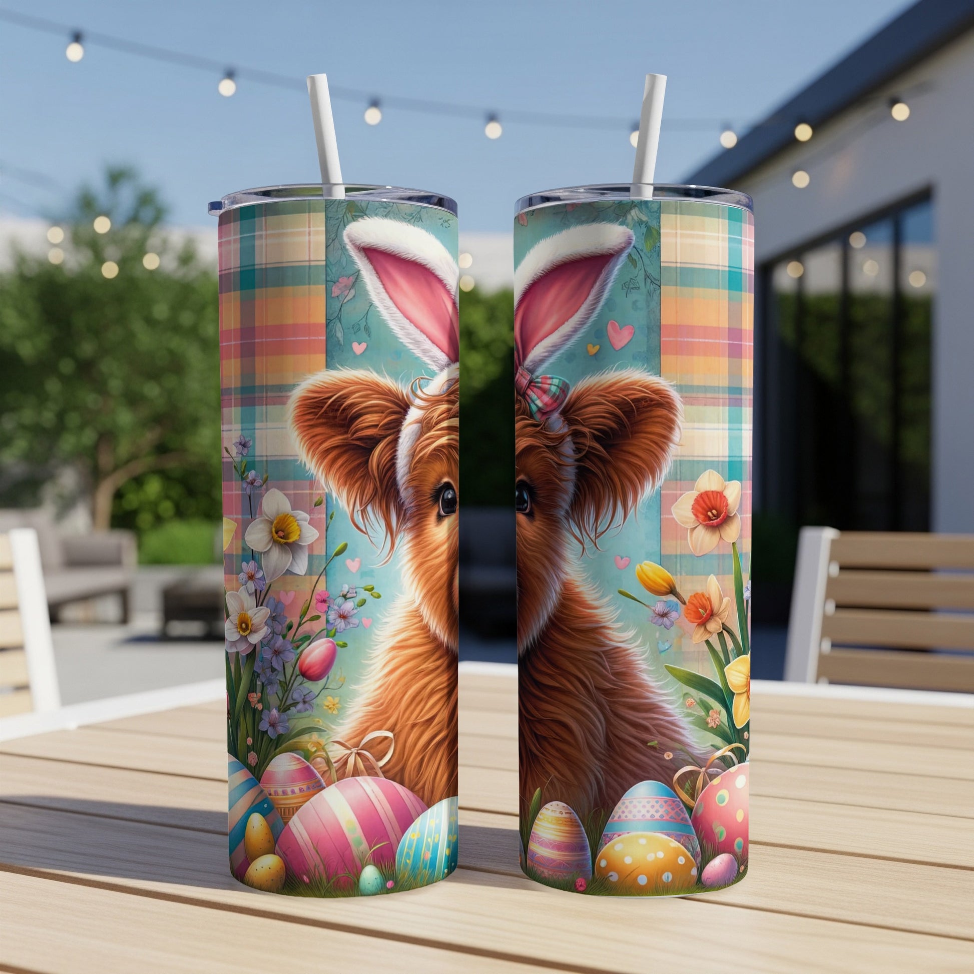 Two tumblers with a fluffy brown dog wearing bunny ears and Easter eggs.