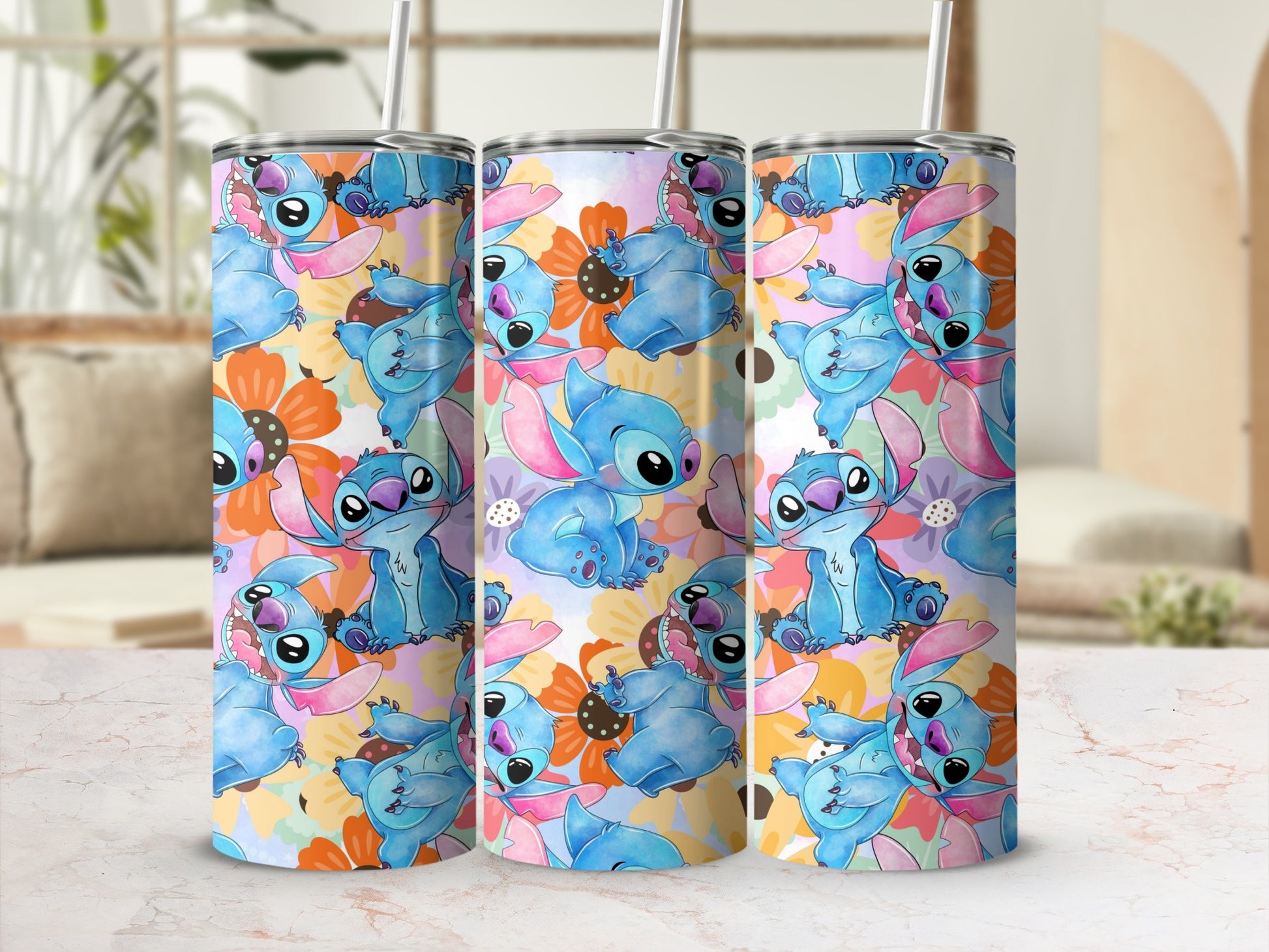 Cute Blue Cartoon Character Floral Pattern Tumbler