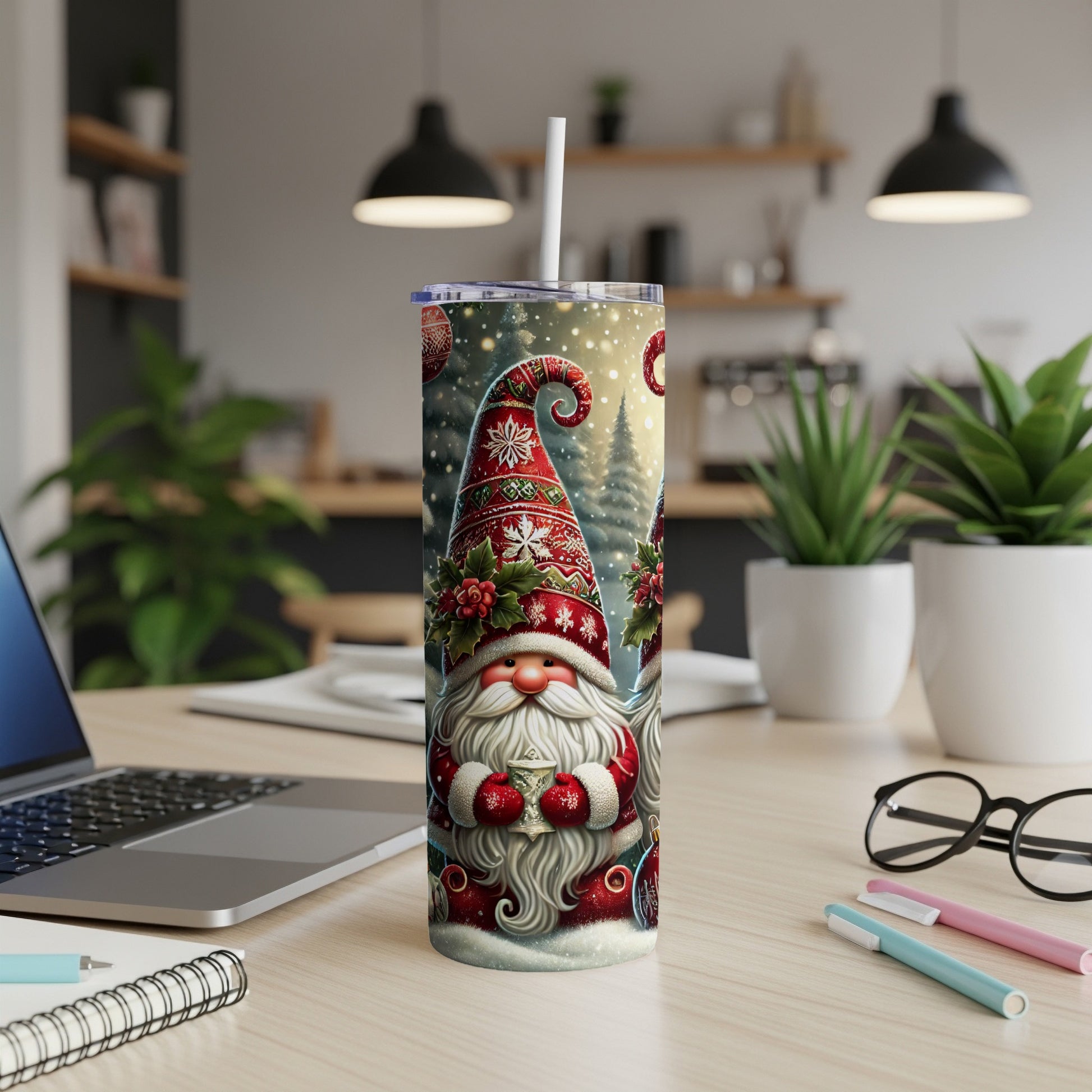 Christmas gnome wearing a red hat and holding a mug.