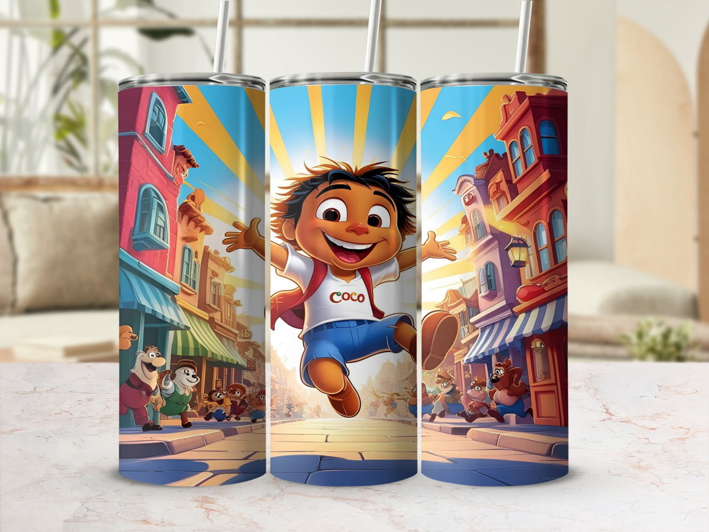 Cartoon boy in white t-shirt and blue shorts jumping in street with buildings and cartoon animals.