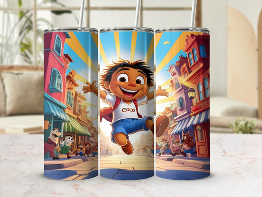 Cartoon boy in white t-shirt and blue shorts jumping in street with buildings and cartoon animals.