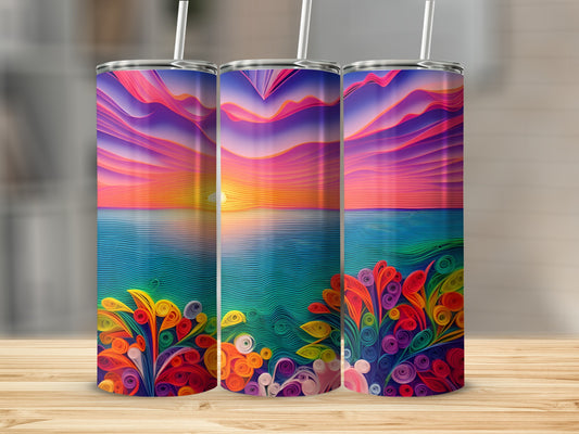 Three tall tumblers with a colorful sunset and ocean landscape.