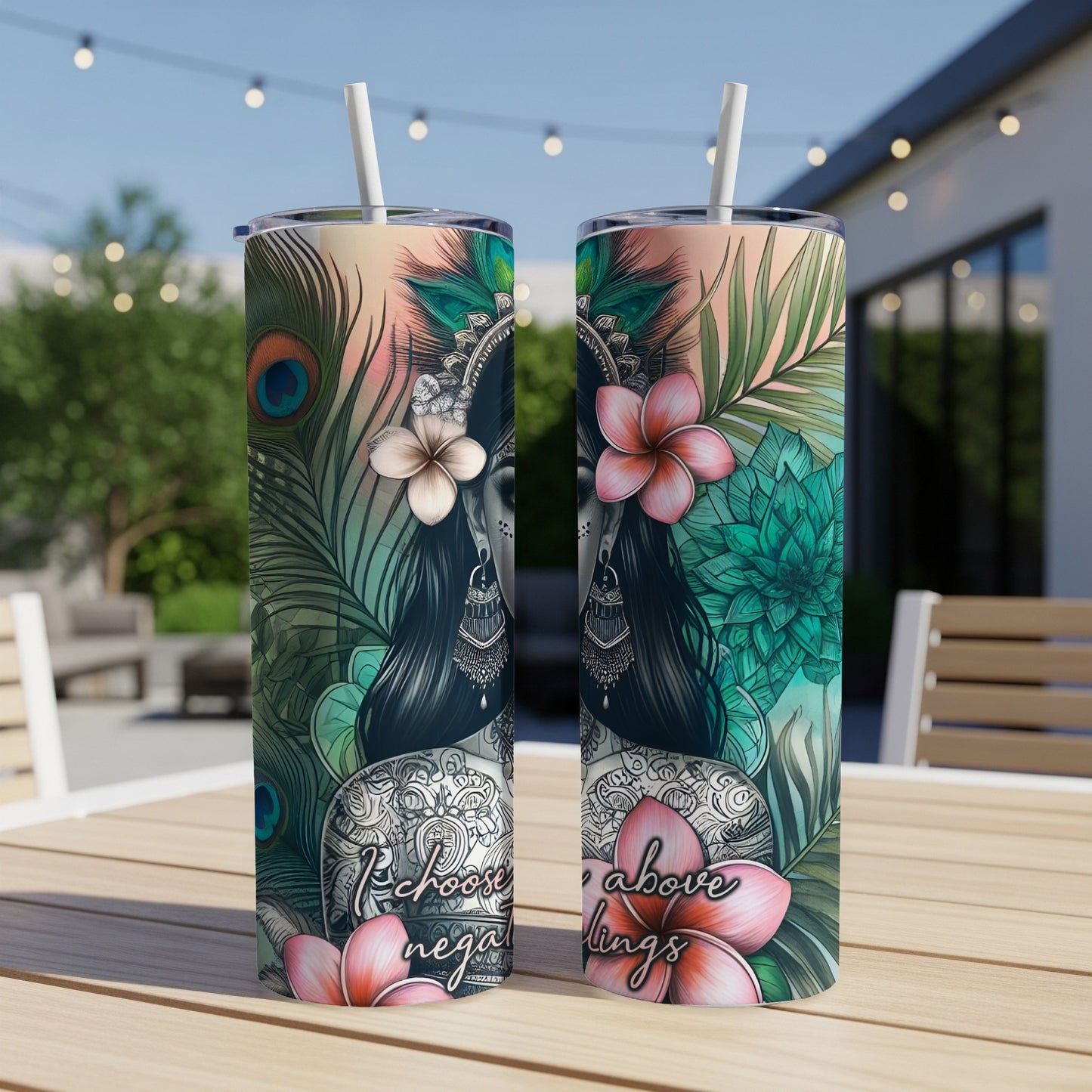 Two tumblers with floral, feather, and skull designs, reading "I choose peace above negative things".