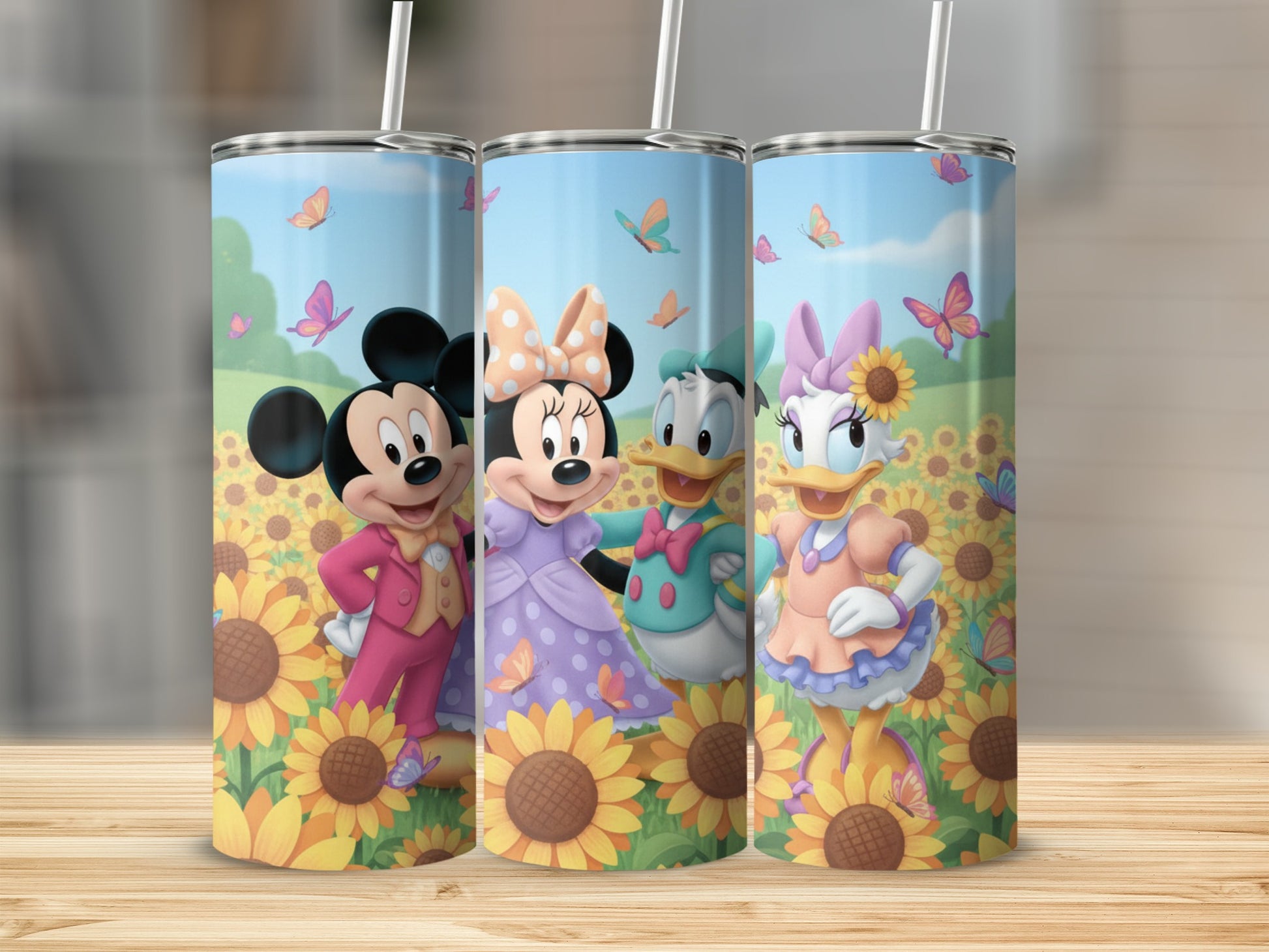 Disney Characters with Sunflowers and Butterflies Tumbler