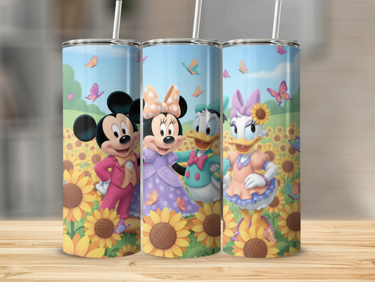 Disney Characters with Sunflowers and Butterflies Tumbler