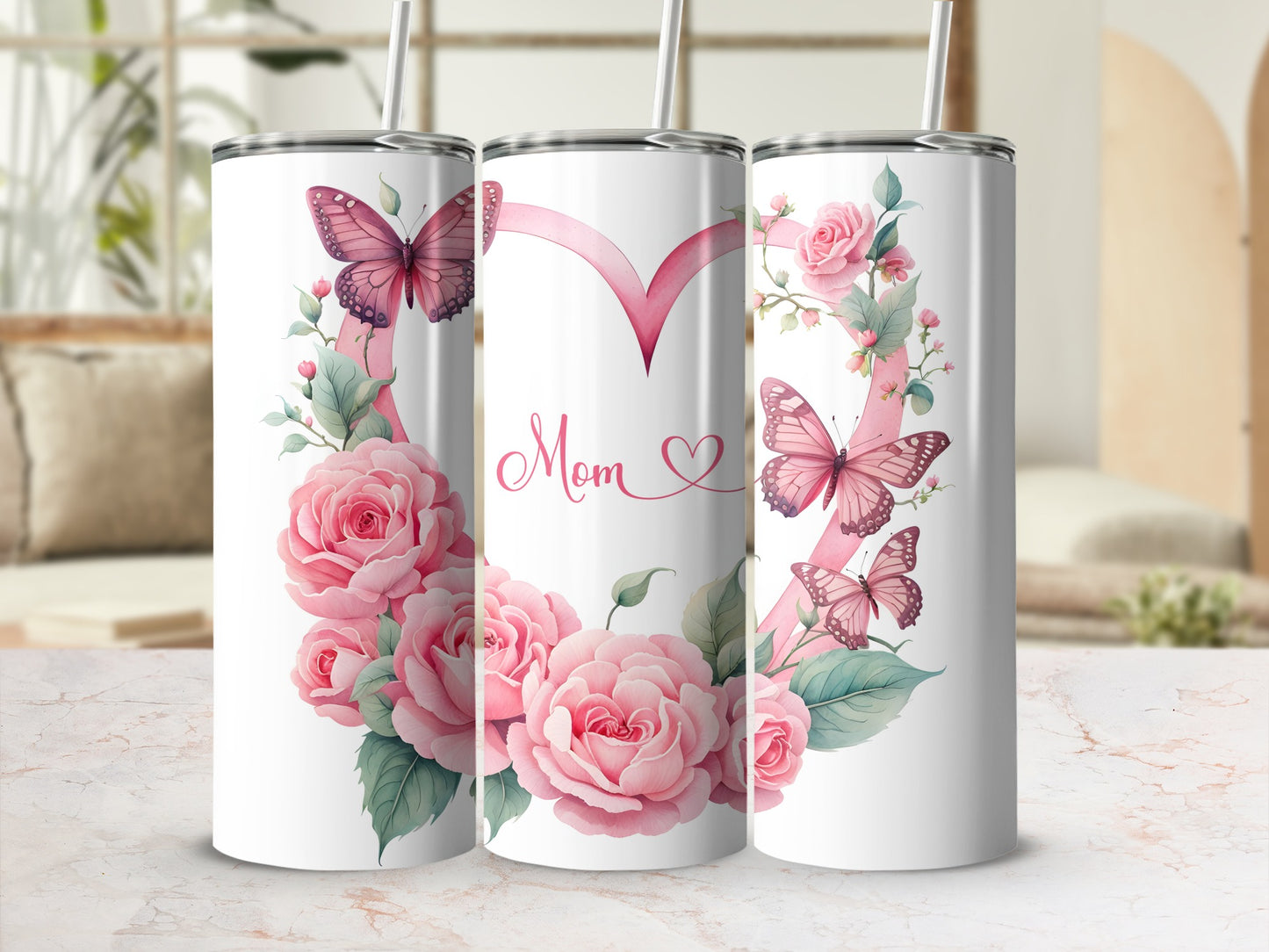 Pink heart adorned with roses and butterflies, featuring "Mom" text.