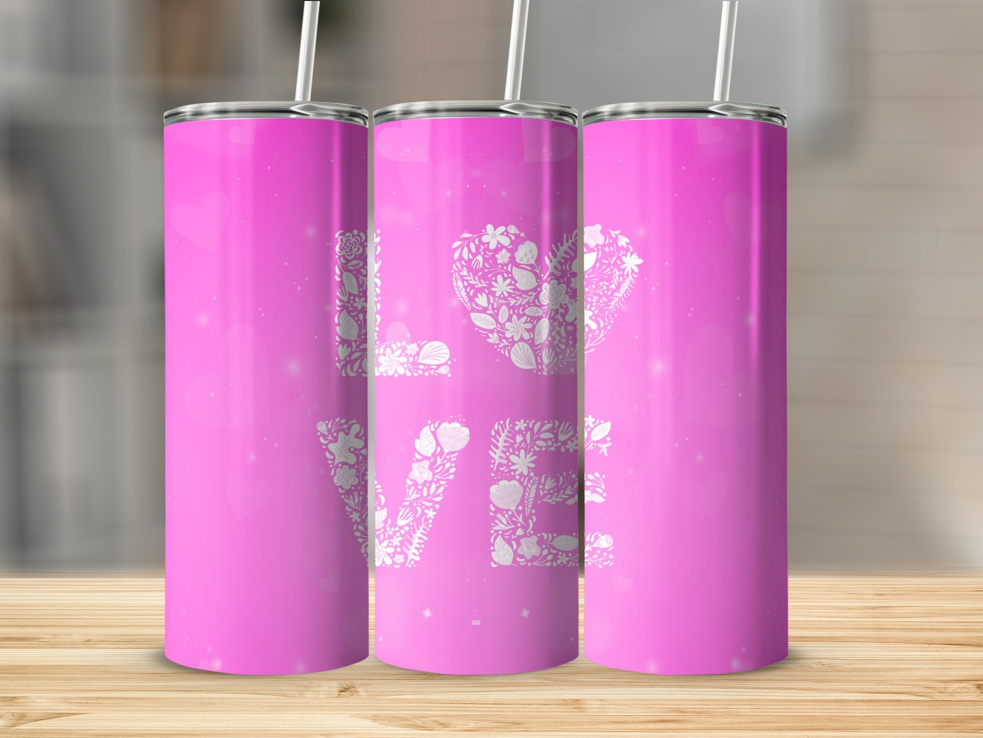 Pink Tumbler with LOVE and Floral Design Pattern