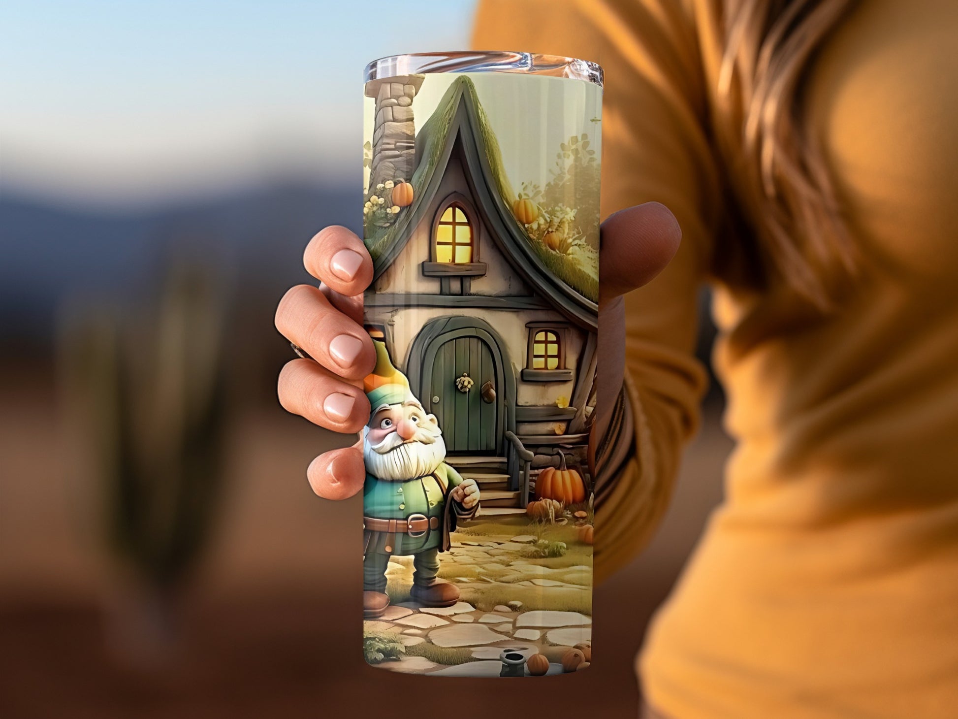Whimsical Gnome and Cottage Art Tumbler Product