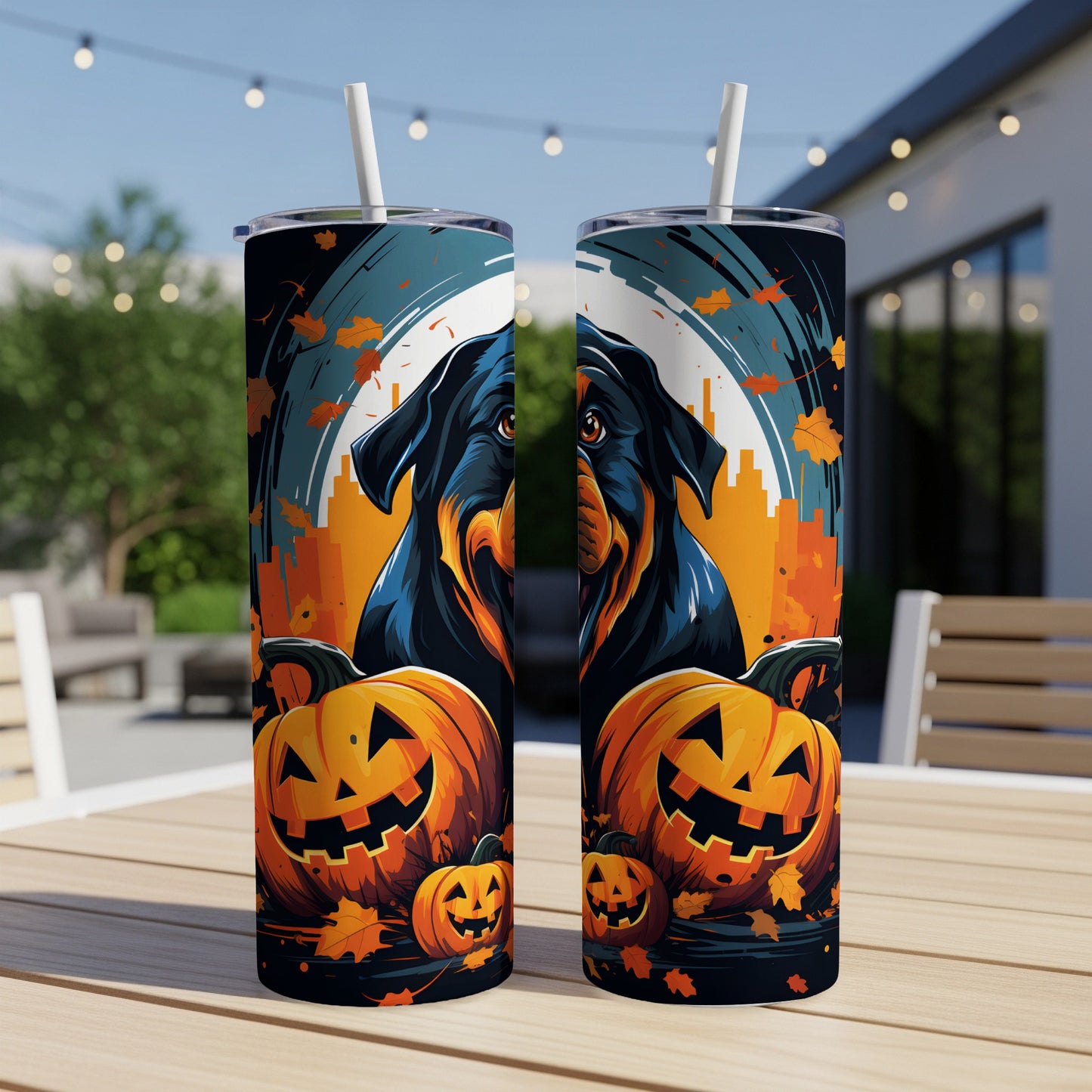 Halloween tumblers featuring a Rottweiler dog, pumpkins, and falling leaves.